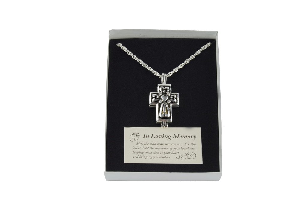 Cathedral Art in Loving Memory, Memorial Cross Locket on 24" Chain, Made in Sterling Silver Plate.