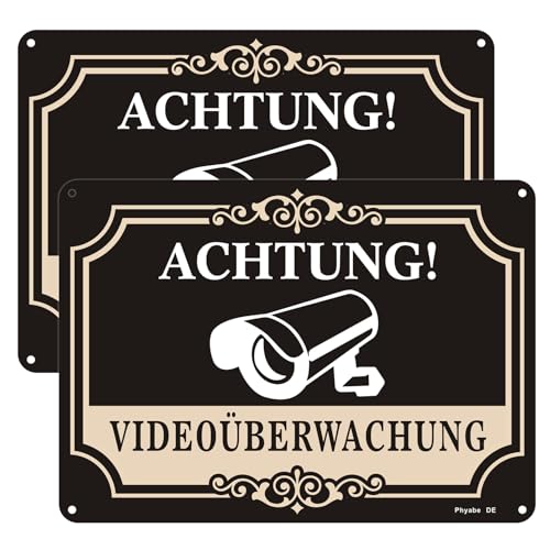 Schild Achtung Videoüberwachung 2 Stück，25cm x 18cm Aluminiumschild mit Videoüberwachung. Die Schilder eignen sich für Ihren Hof, Carport und Wohnanlage, sowohl im Außen - als auch Innenbereich