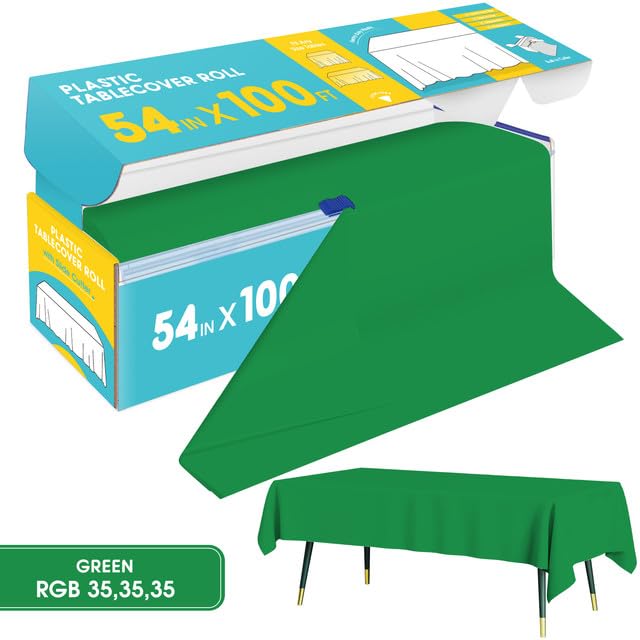 Image of Niuara Green Plastic Table Cover Roll - 54IN x 100FT, Table Cloth for Rectangle Table with Slide Cutter, Plastic Table Cloth Disposable with Cut-to-Size Design for Weddings, Banquets, Parties