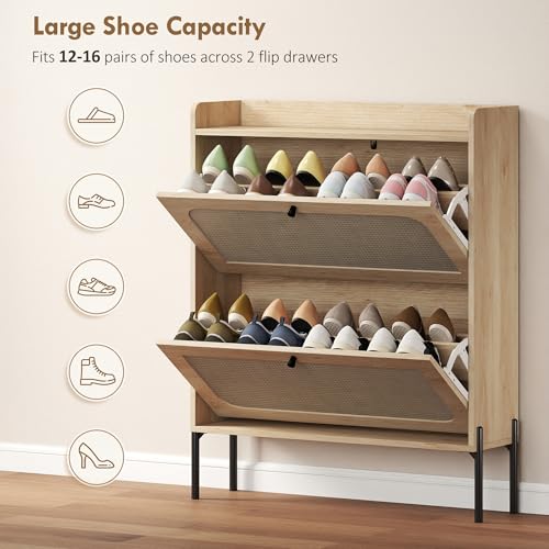 Image of HOMCOM Shoe Cabinet with 2 Flip Drawers and Rattan Doors, Narrow Shoe Storage Cabinet with Adjustable Shelves, Raised Tabletop, Boho Storage Organizer for Entryway, Hallway, Holds 12-16 Pairs, Oak
