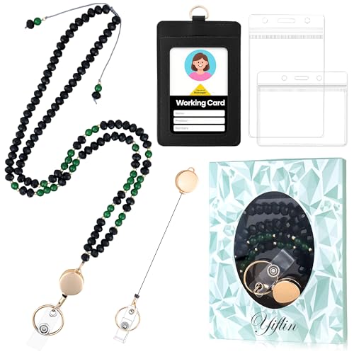 Image of Yiflin Natural Stone Crystal Lanyard with ID Badges for Keys, Retractable Teacher Neck Strap with PU Card Holder, Handicrafts for Women (Green Natural Stone)