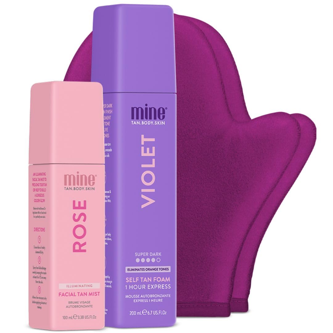 MineTan Best Sellers Self Tan Bundle | Express 1 Hour - Includes Dark Violet Sunless Tanner Mousse, Face Mist, Application Mitt, & Exfoliating Glove for Tan Removal & Prep
