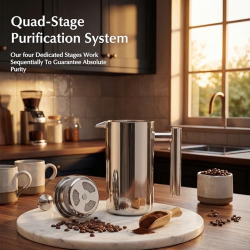 Image of AXEON French Press Coffee Maker | Double Wall Insulated 304 Stainless Steel Plunger | 3-Layer Filtration for Grit-Free Brew | Heat Retention, Rust-Free, Portable for Home & Office | Hot & Cold (350ml)