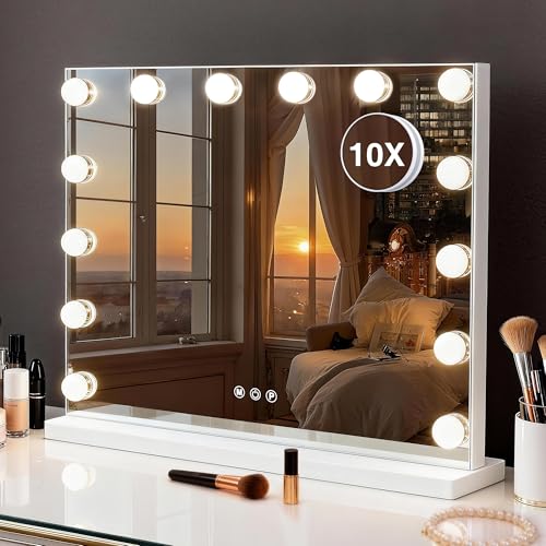 MEKKLEON Miroir cosmétique Hollywood avec 3 Modes de Couleur, Miroir cosmétique éclairé avec Lampes LED à intensité Variable et grossissement 10x pour...