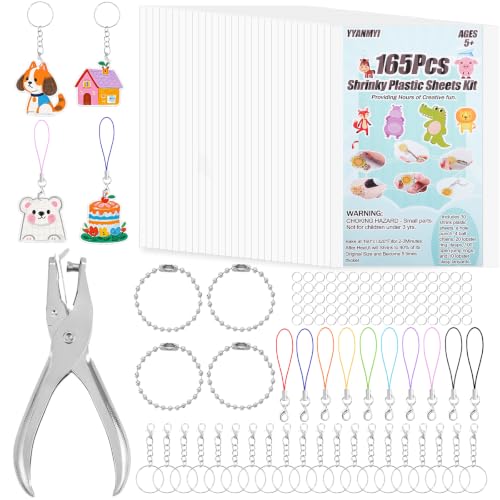 YYANMYI 165Pcs Shrink Paper Keychain Kit Includes 30Pcs Shrinky Plastic Sheets 7.9x5.7 Hole Punch Lobster Clasps Jump Rings DIY Crafts for Kids Teens Adults