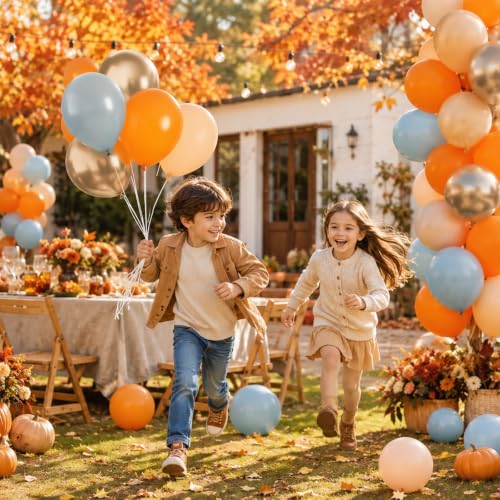 Image of Burnt Orange and Blue Fall Balloons, Retro Dusty Blue Orange Nude Balloon | Metallic Light Gold Thanksgiving Balloons for Boho Autumn Harvest Market Baby Shower Here Comes the Son Party Decorations