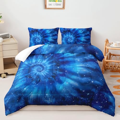 Image of AILONEN Tie Dye Comforter Set Queen Size,Galaxy Space Bedding Set 3Pcs for Kids Teens Adults,Deep Blue Tie-Dye Spiral Quilt with 2 Pillowcases,All Season