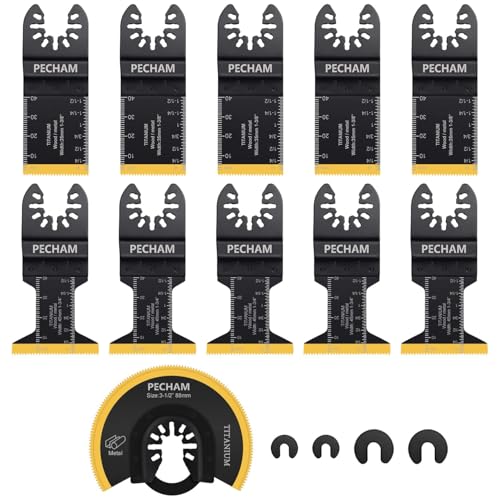 PECHAM 11PCS Titanium Sägeblätter, Universal Oszillierende Multitool Klingen Metall Schneiden Schnellspanner für hartes Material Metall Nägel Holz Kunststoff passen Dewalt Rockwell Milwaukee Makita