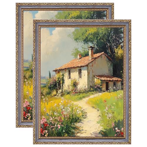 Image of eletecpro 11x14 Vintage Picture Frame, Glass Cover, Blue Gold, 2-Pack | Display Photo 8x10 with Mat or 11x14 without, Horizontal or Vertical, Tabletop or Wall Decor