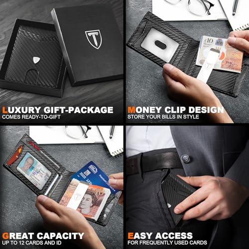 Mens Wallets Slim RFID Blocking Carbon Fiber Leather Wallet with up to 12 Credit Card Holder, Strong Money Clip & ID Window Minimalist Bi-Fold Wallets for Men UK with Gift Box - Black - Image 6