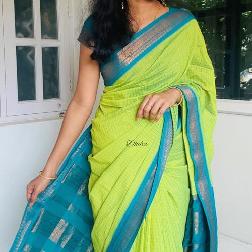 Image of Gadwal Cotton Silk Checked Saree for Women | Pure Kalyani Cotton Checked Saree with Zari Border Tassels & Blouse | Kanjivaram Linen Silk | Handloom Weave