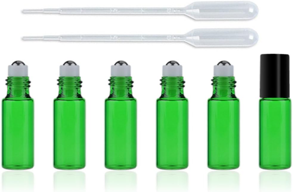 5ml(1/6oz) Amber Blue Green Red Purple Frosted Glass Roller Refillable Bottles With Stainless Steel Roller Ball for Essential Oil with 2x1ml Dropper(6 Pack) (Green)