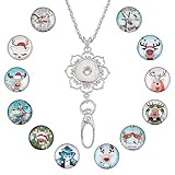 SUNNYCLUE 1 Box 12 Styles Christmas Lanyard Reindeer Snap Button ID Badge Holder Breakaway Keychain Necklace Set Office Stainless Steel Necklace Chain Cartoon Lanyard for ID Badges Men Women