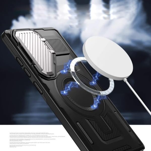 Image of MILLION CASES Thermoplastic Polyurethane Back Cover Case for Samsung Galaxy S24 Ultra Shockproof Protective Tactical Armor Lens Bracket Magnetic Case for Men & Boys(Black)