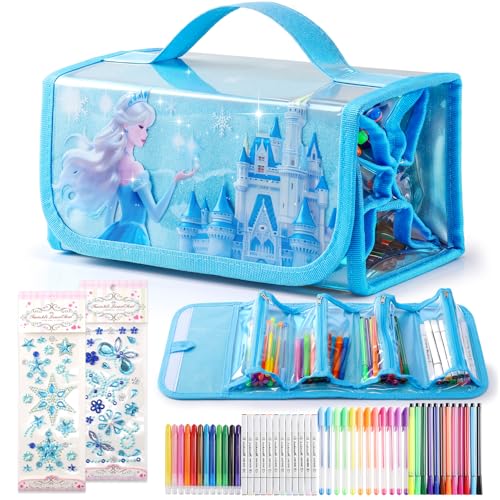 HappyGoLucky Maletin Pinturas para Niños Acuarelas Marcadores, Regalo Niña 3-10 años - Estuche para Niñas con 48 Pinceles y Pegatinas - Impermeable y Fácil de Limpiar - Regalos Navidad (Azul)