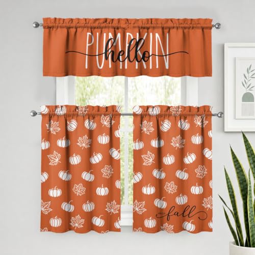 Image of Fall Pumpkin Kitchen Curtains 3 Piece Set Tier Valance | Thanksgiving Orange Kitchen Curtain Set Includes 54x18in Valance and Two 27.5x36in Tier Curtains for Kitchen Window Decor