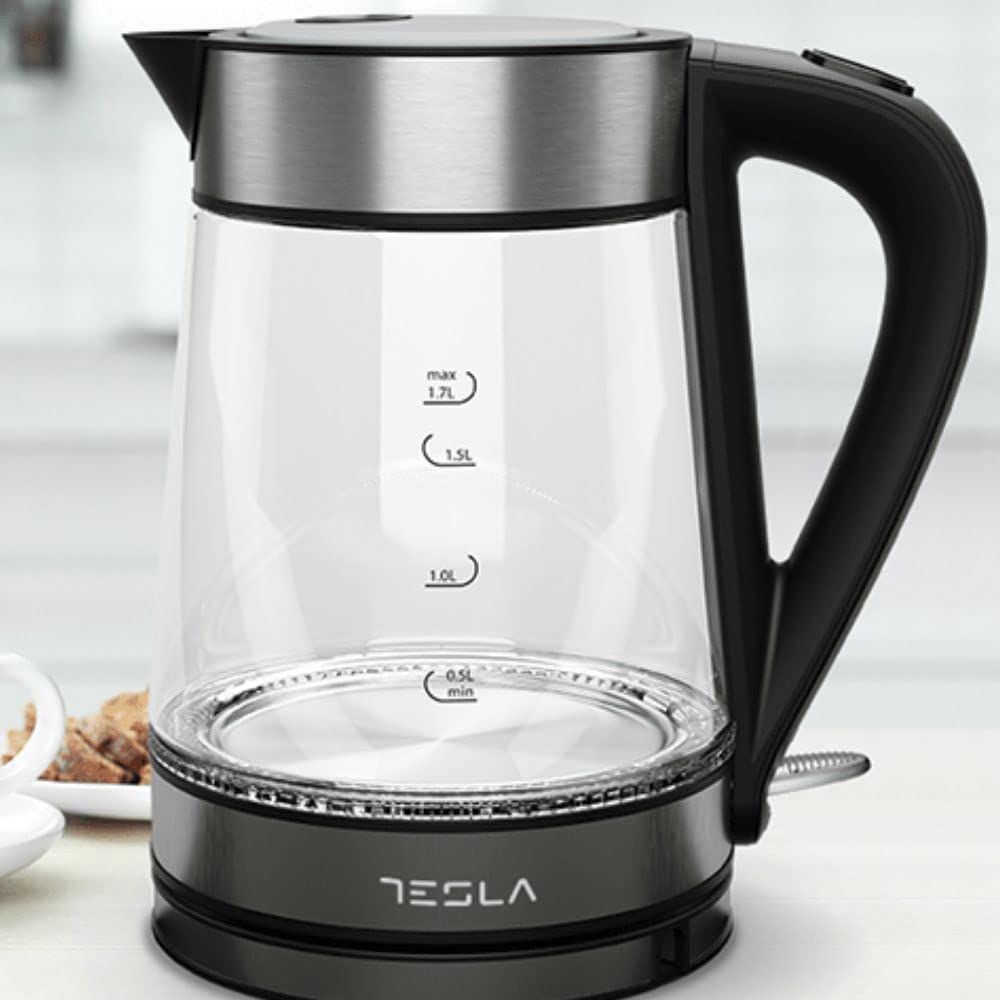 Tesla Hervidor de Agua Eléctrico KT300X - 1.7 Litros, 2200W de Potencia, Acero Inoxidable, Indicador LED, Tapa Pop-Up, Apagado Automático, Tecnología STRIX, Control Nivel de Agua (Color Negro)