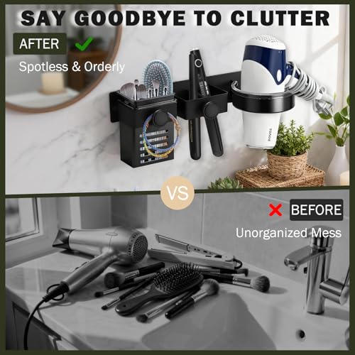 Rodison Föhnhalter Wand, 3-in-1 Haartrockner Halterung mit Aufbewahrungsbox and Kabelhalterung, Föhn Halterung & Glätteisen Halter Für Badezimmer, Barbershop & Schlafzimmer