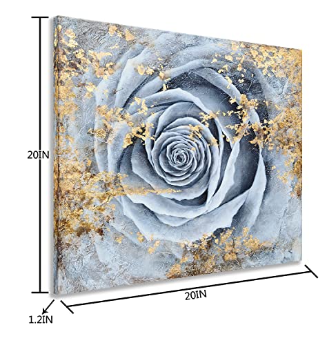 Yihui Arts Grey Floral Canvas Wall Art - Abstract Rose Paintings With Gold Foil - Modern Square Flower Pictures For Living Room Bedroom Bathroom Decor #TOP1