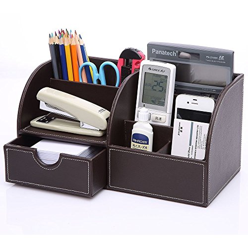Preisvergleich Produktbild cupcinu Schreibtisch Organizer Schreibtisch Tidy Multifunktionale pu Leder Aufbewahrungsbox Stifthalter Pot Business Karte Pen Stift Handy Office Supplies Organizer Container (weiß) dunkelbraun 28.00*14.50*14.50cm