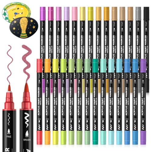 Image of Shuttle Art 28 Metallic Colors Dual Tip Acrylic Paint Markers, Brush Tip and Fine Tip Acrylic Paint Pens for Rock, Ceramic, Wood, Canvas, Plastic, Glass, Stone, Calligraphy, Card, DIY Football Crafts