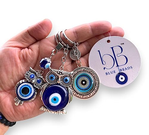 Image of BLUE BEADS Original Blue and Silver Color Evil Eye Keychain For Bike /Car Gifting With Key Ring Anti-Rust (Pack of 3)