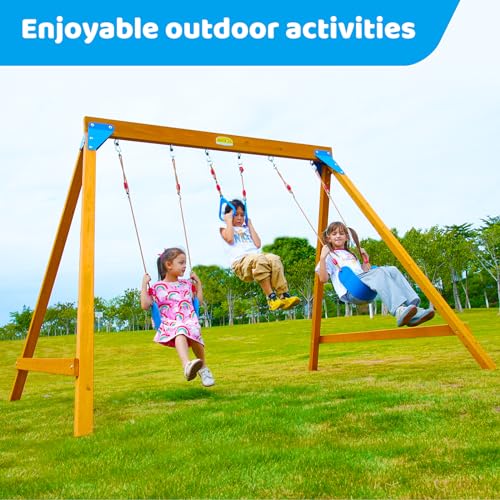 Wooden Kids Swing Sets for Backyard, Toddler Swingset Frame with 2 Belt Swings, Trapeze Swing Rings for Ages 3-6 - Thumbnail 6