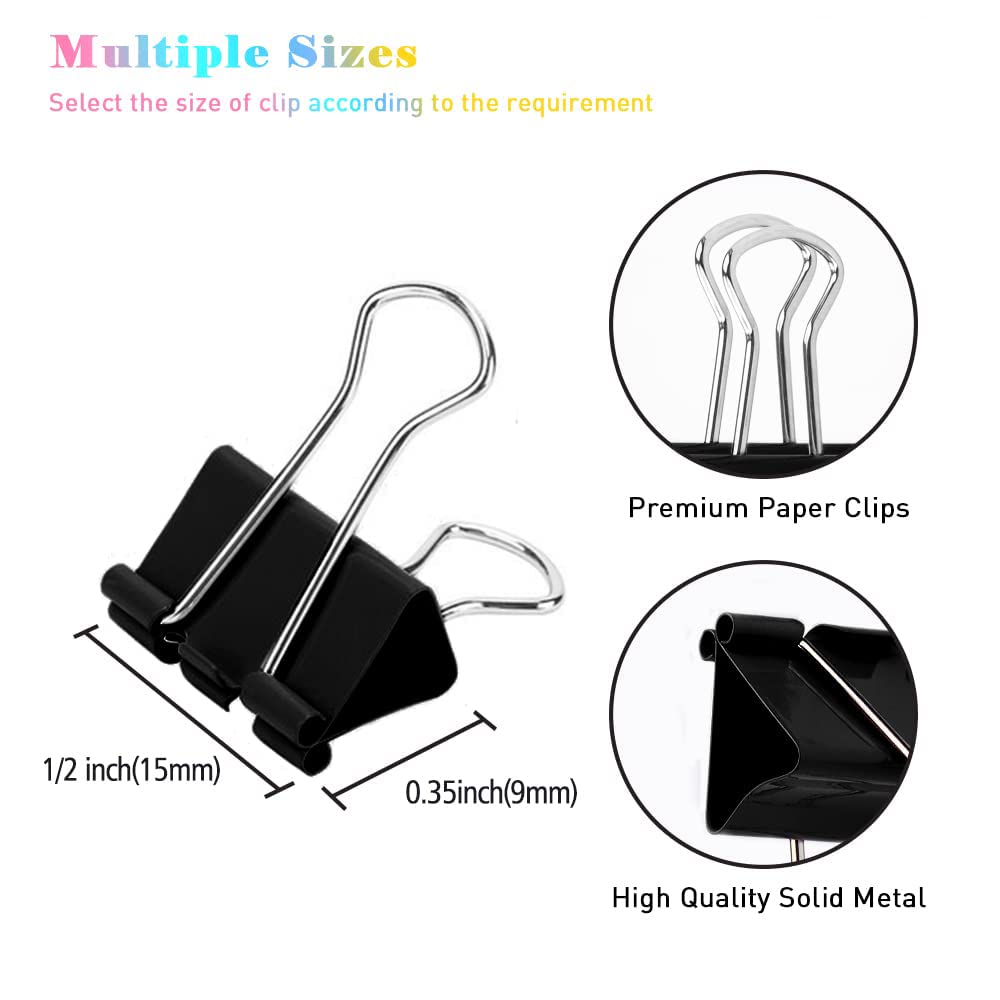 Lot de 288 mini pinces à reliure, 1,6 cm, standard 15 mm, noir, mini trombones, pince pliante, capacité 0,6 cm, mini trombones, fournitures de bureau, micro-pinces.