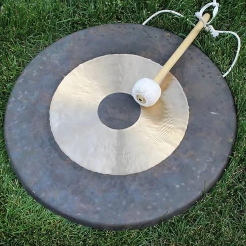Gong chinois traditionnel en bronze – Aspect vieilli avec beau délavage scintillant, décoration pour extérieur, terrasse et jardin