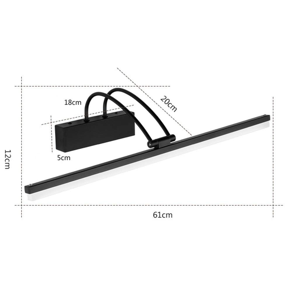 LED z lustrem w łazience, czarna, retro, lustrzane światło przednie, kinkiet łazienkowy, regulowana metalowa podstawa, akrylowy abażur, 61 cm, 14W, do toaletki do makijażu