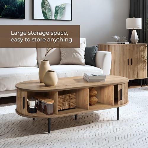 LuxenHome Coffee Table with Storage, Wood Coffee Table with Slatted Sliding Door, 47\" Mid Century Modern Coffee Tables for Living Room, Boho Storage Coffee Table, Oval Coffee Table, Center Table