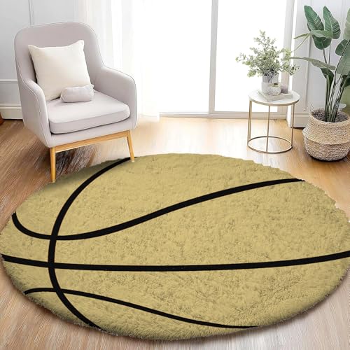 Image of Modern Shaggy Round Rug | Ultra-Soft Plush Circle Carpet for Living Room, Bedroom, Nursery | Fuzzy, Fluffy Area Rug with Non-Slip Base Gold Ball 7x7 feet