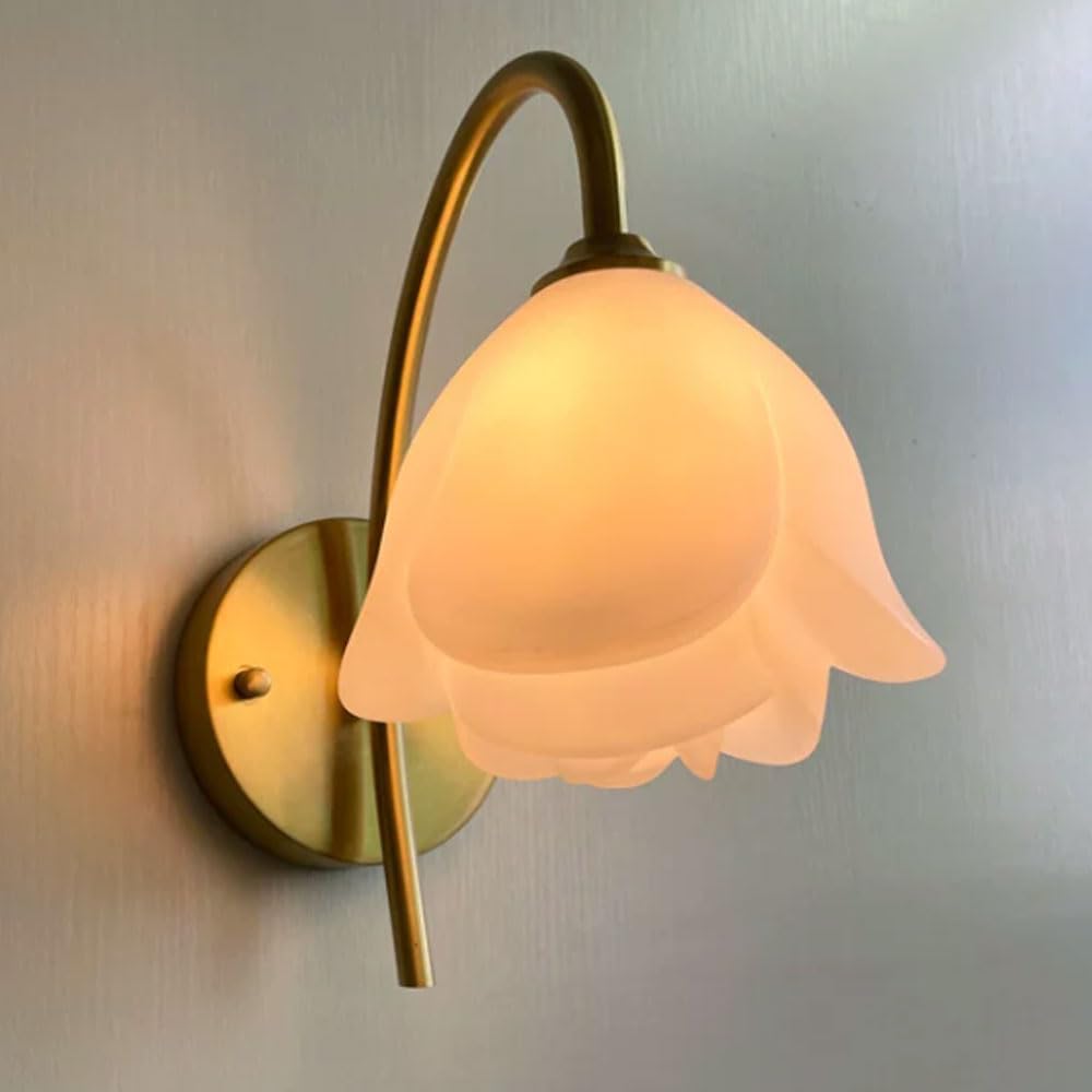 HPTHLY Flower Wall Sconced Mid Century Wall Sconce Antique Brass Hallway Wall Light Milk White Rose Floral Wall Mounted Wall Lamp For Girls Bedroom Bathroom