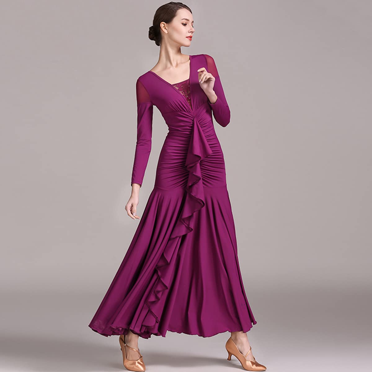 Nowoczesne kostiumy na konkursy tańca moda damska seksowna sukienka koronkowe szwy dekolt w serek bez pleców jednolity trykot długa sukienka na imprezę elegancka sukienka duża spódnica swing