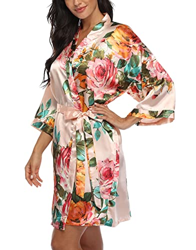 Image of VOGMATE Floral Silk Robes for Women Short Satin Kimono Bride Bridesmaid Robes Bathrobe