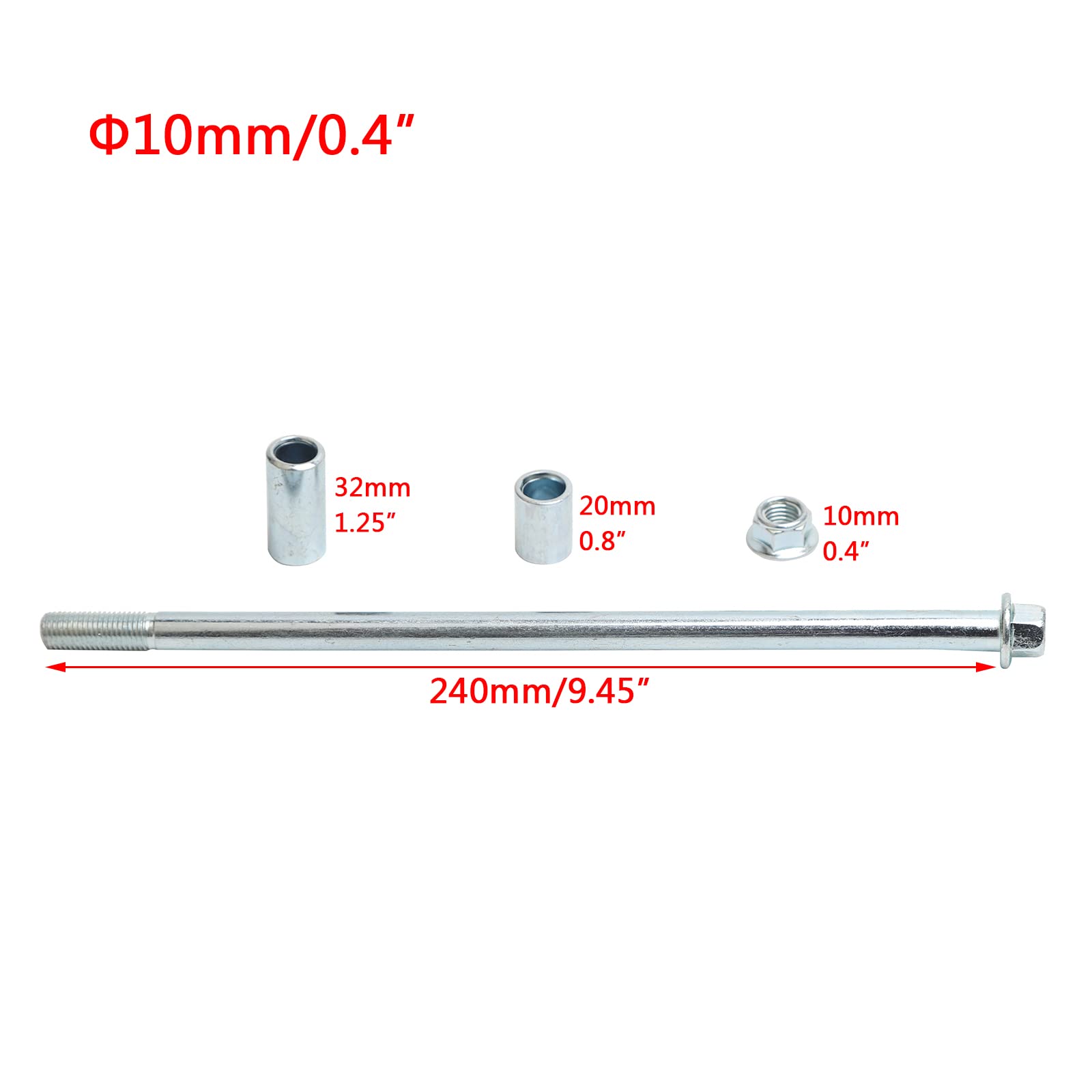 Minho Asse anteriore e posteriore da 10 mm 240 mm con boccola da 6 mm, 20 mm, 32 mm, adatto per moto, pit bike, ciclomotore, scooter, quad, ATV, mini bici