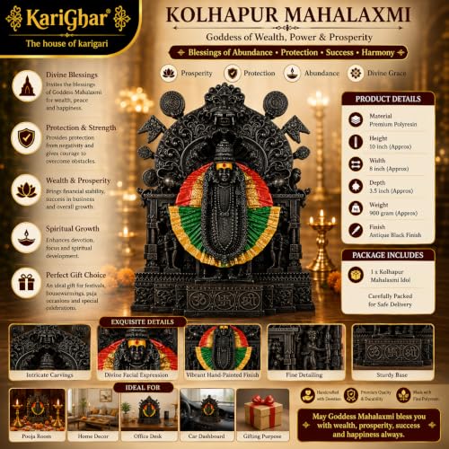 Image of KariGhar Resin Kolhapur Mahalaxmi Figurine Statue Idol Perfect for Car Dashboard, Home, House Warming, Festival Gift for Diwali Multicolor 4 Inch