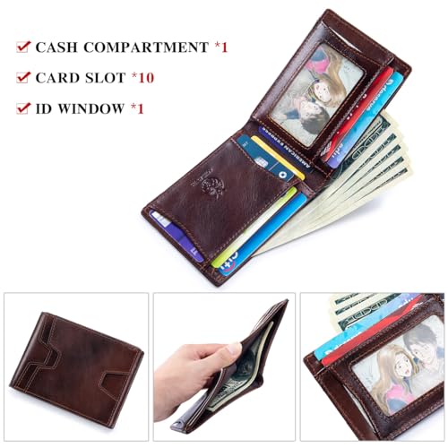 Image of Front Pocket Wallet for Men Slim Lightweight RFID Blocking Genuine Leather Bifold Thin Wallet with 10 Card Slots, Coffee