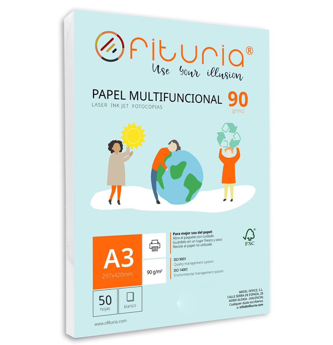 A3 90 g Paper Pack with 50 White Sheets, Multifunctional Paper for School Use and Work Environments, Ideal with Laser, Inkjet or Copier Printers - Ofituria