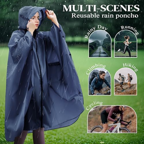 Sensong Regenponcho für Damen, Unisex Regenjacken Regencape, Wasserdicht mit Kapuze und Reißverschluss Wiederverwendbar Regenmantel für Wandern Camping Radfahren Reisen Dunkelblau