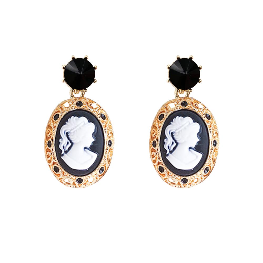 Retro Cameo Dangle Earrings for Women Girls Black CZ Acrylic Baroque Statement Drop Dangling Stud Earring Lightweight Vintage Boho Halloween Jewelry Gifts for Friends