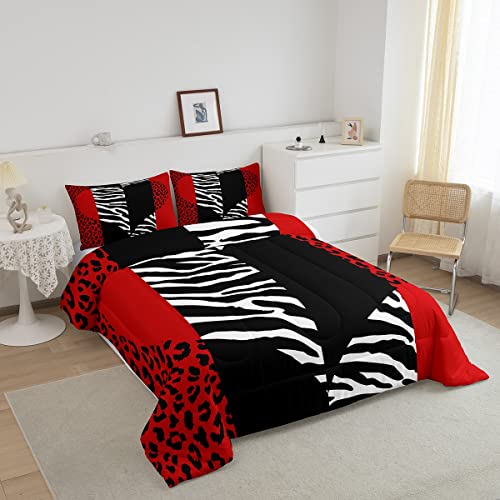 Leopard Zebra Comforter Set King Size,Wild Animals Skin Bedding Set 3Pcs For Teens Adults Room Decor,Red Black Geometric Striped Heart Quilt Set Romantic Microfiber Duvet Insert With 2 Pillowcases #TOP1