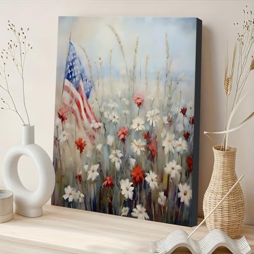 Image of Framed American Flag Mason Jar Wall Art, Patriotic Farmhouse Canvas Art Pictures, USA Rustic Wall Decor, Made in USA Ready to Hang for Kitchen Dining Room