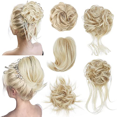 FnyPretty 5PCS Messy Bun Hair Piece Tousled Updo Messy Curly Hair Buns For Women Hair Pieces Hair Extensions Elastic Easy Scrunchies Hair piece(A 85H88# Light Ash Brown & Bleach Blonde)