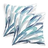 CaliTime Throw Pillow Cases Pack of 2 Cozy Fleece Two-Tone Abstract Feather Decorative Cushion Covers for Couch Bed Sofa Farmhouse Decoration 18 X 18 Inches Teal Green Navy Somke Blue Grey