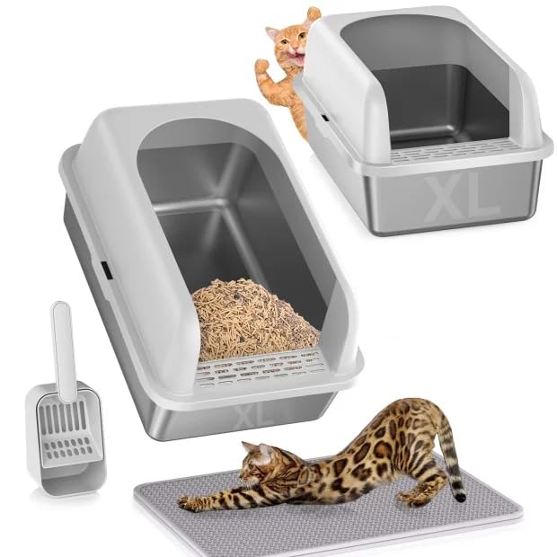 2 Pack Stainless Steel Litter Box, 24'' XL Extra Large Cat Litter Box with Lid, Metal Litter Boxes for Multiple Cats, Anti-Leakage,Non-Stick, Easy to