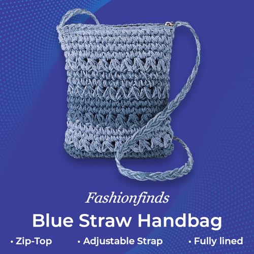 SAGEFINDS Blue Straw Handbag for Women, Woven Crossbody Purse for Summer and Beach, Shoulder Bag with Top Zip Closure, 8 ½” x 9 ½”2