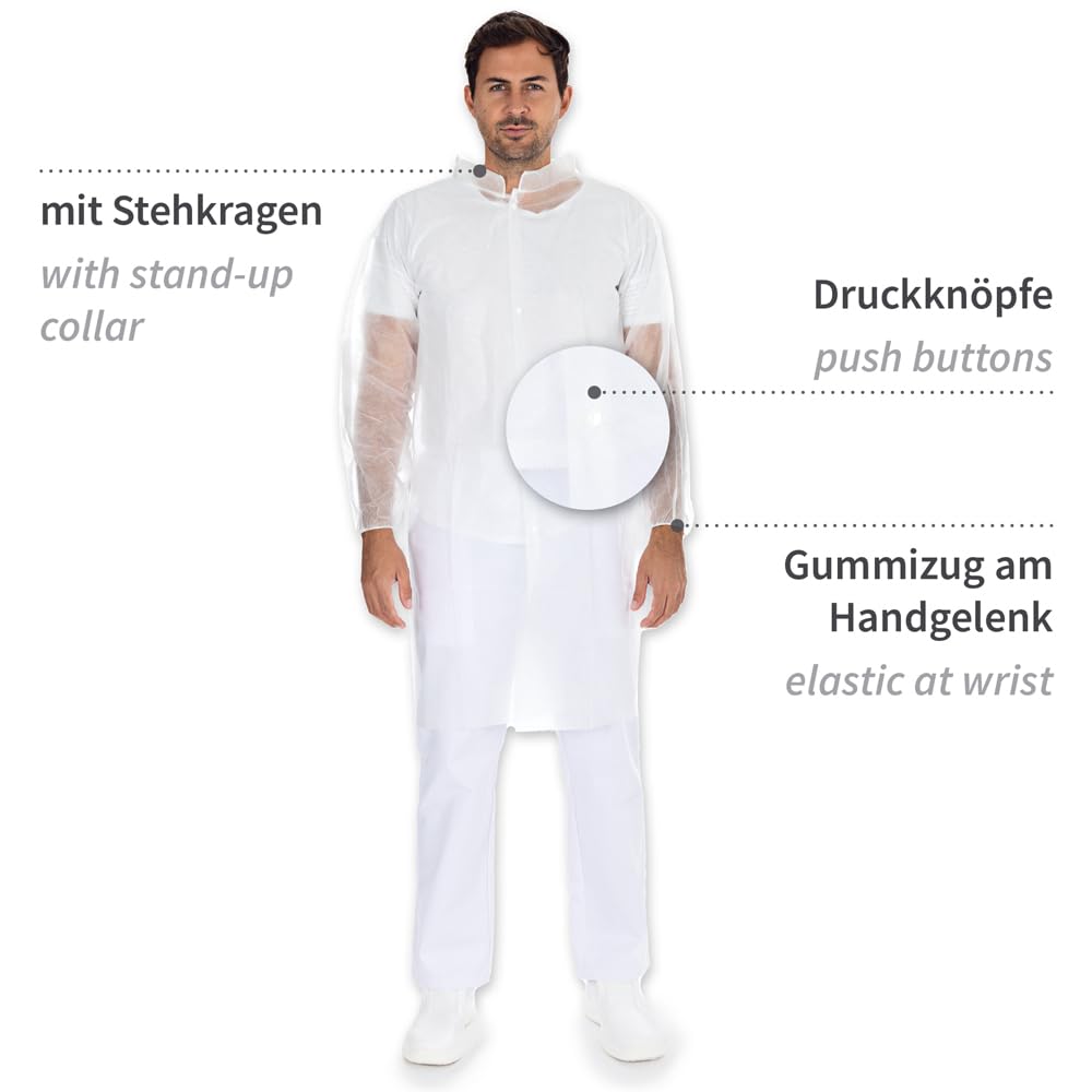 Franz Mensch Hygonorm Besucherkittel Light mit Druckknöpfen, weiß, Gr. XXXL | PP, 100 Stück, Einwegkittel, 110cm x 150cm, Vlieskittel, Krankenkittel Einweg