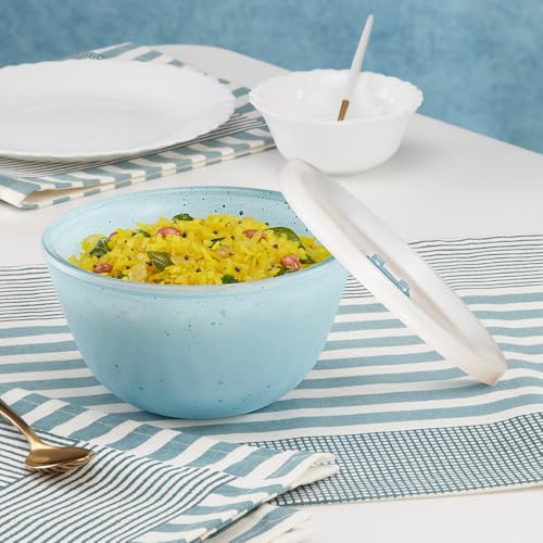Image of Borosil 750ml Serving & Mixing Bowl with Lid | Made in India Borosilicate Glass Bowl for Kitchen & Dinning | Bowl for Mixing Dough, Salad, Batter | Microwave & Dishwasher Safe (Blue)