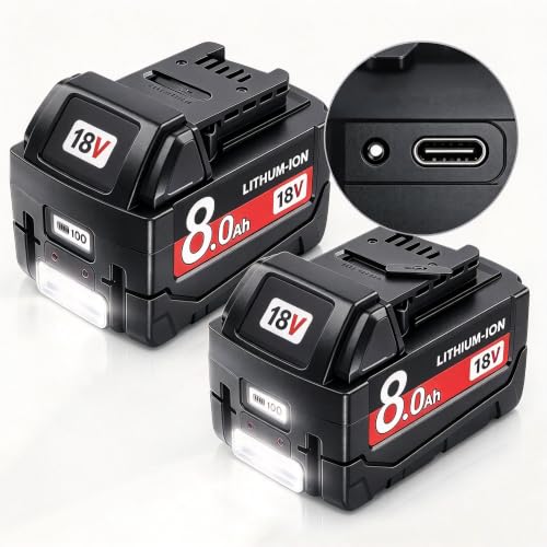 2Pack 8.0Ah 18V Replacement for Milwaukee M18 Battery With LCD Display & Bidirectional USB charging port & LED Flashlight For M18 Batteries 48-11-1810 48-11-1820 48-11-1840 48-11-1850 48-11-1860